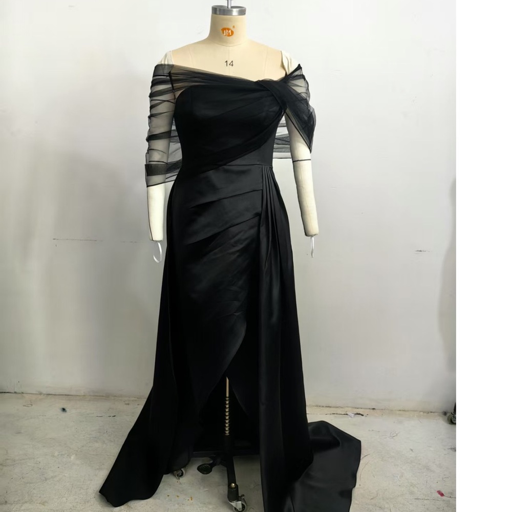 Black One-Shoulder Draped Evening Gown